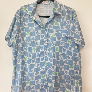 Blue checker button up shirt with hearts, ying yang sign festival top